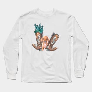 Cute Dachshund Puppy and Cowboy Boots Watercolor Art Long Sleeve T-Shirt